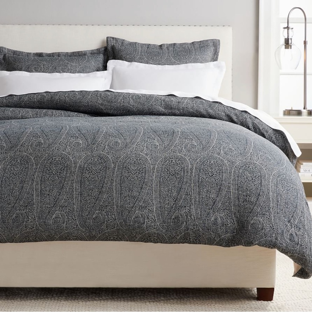 Dk Blue Paisley Jacquard Duvet Cover & 2 Shams Full Queen 100% Linen 100% Cotton